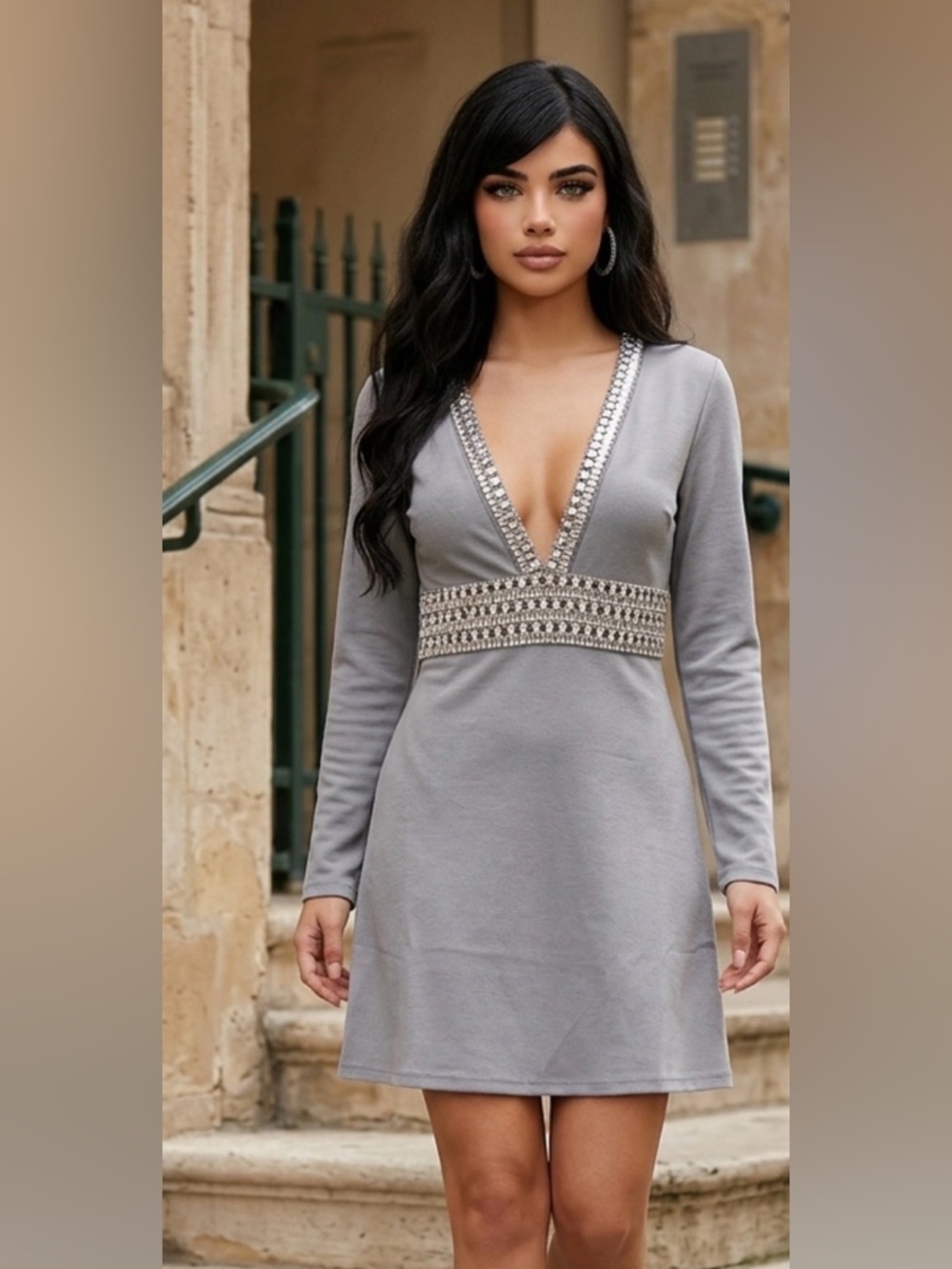 VENUS Gray Embellished Neckline Long Sleeve Mini Dress, Size 10, NWT